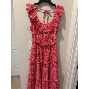 J. Crew Factory Midi Tiered Floral Dress Pink and White Swiss Dot Details Size 0